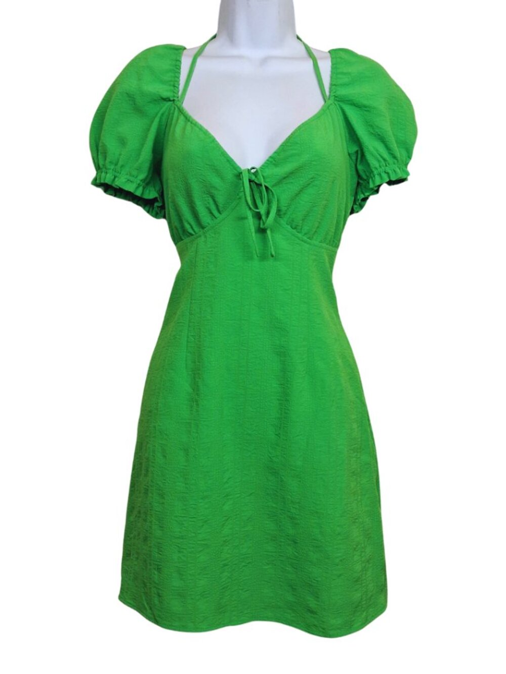 H&M DIVIDED Green Mini Dress Puff Sleeve Halter Criss Cross Stretchy Summer S